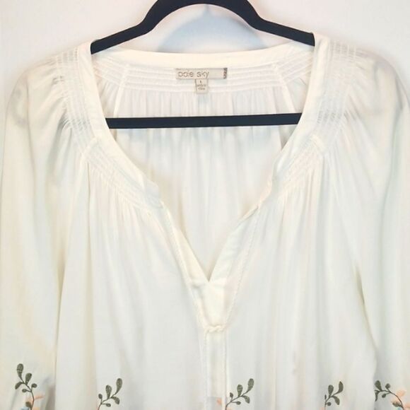 Pale Sky Emmy boho / Cottagecore floral embroidered long-sleeve white top large - Picture 2 of 9